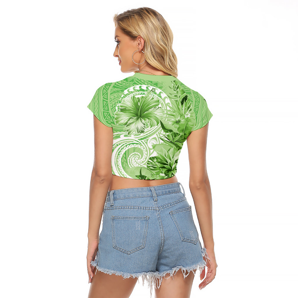 Polynesian Hibiscus Flower Tribal Raglan Cropped T Shirt Lime Green Color