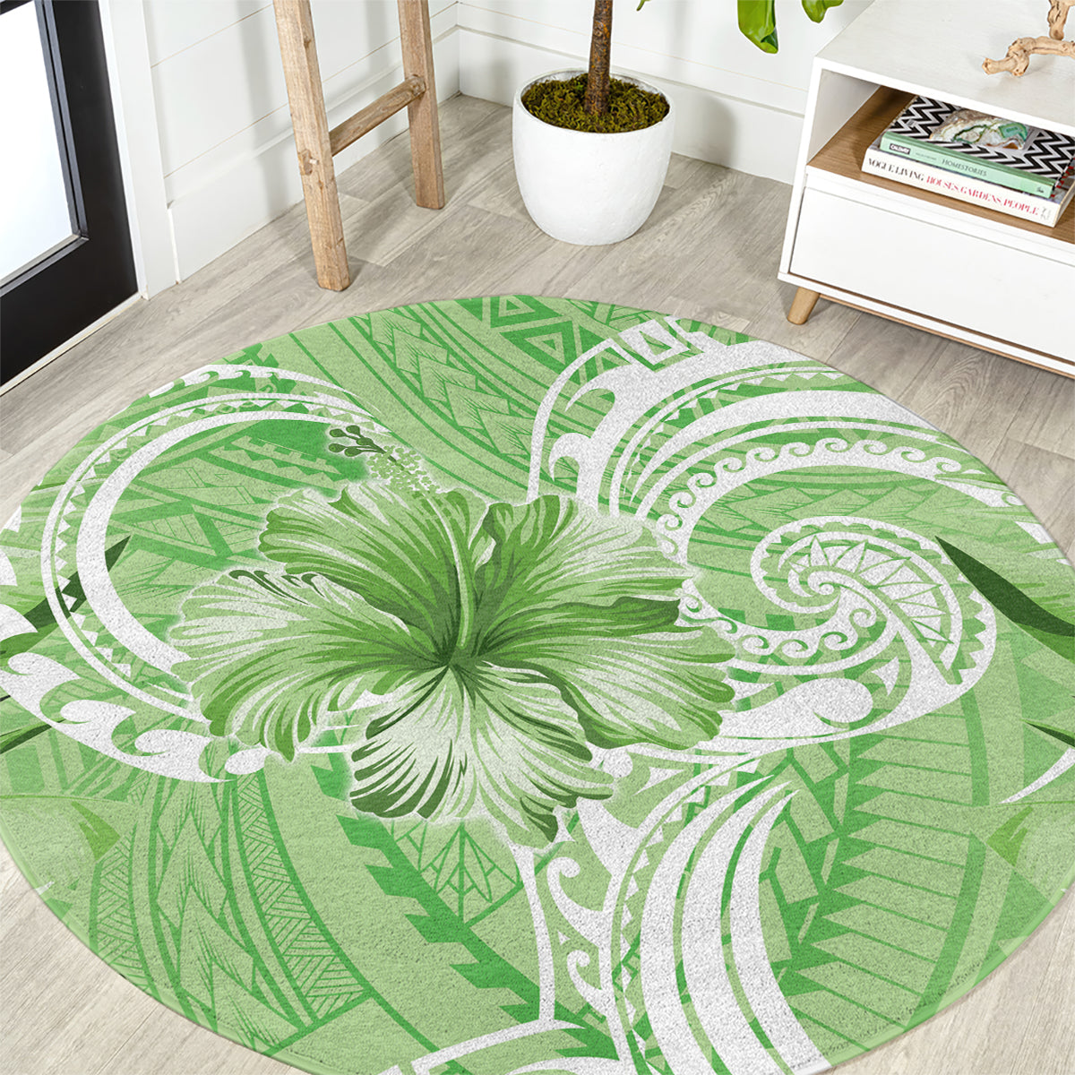 Polynesian Hibiscus Flower Tribal Round Carpet Lime Green Color