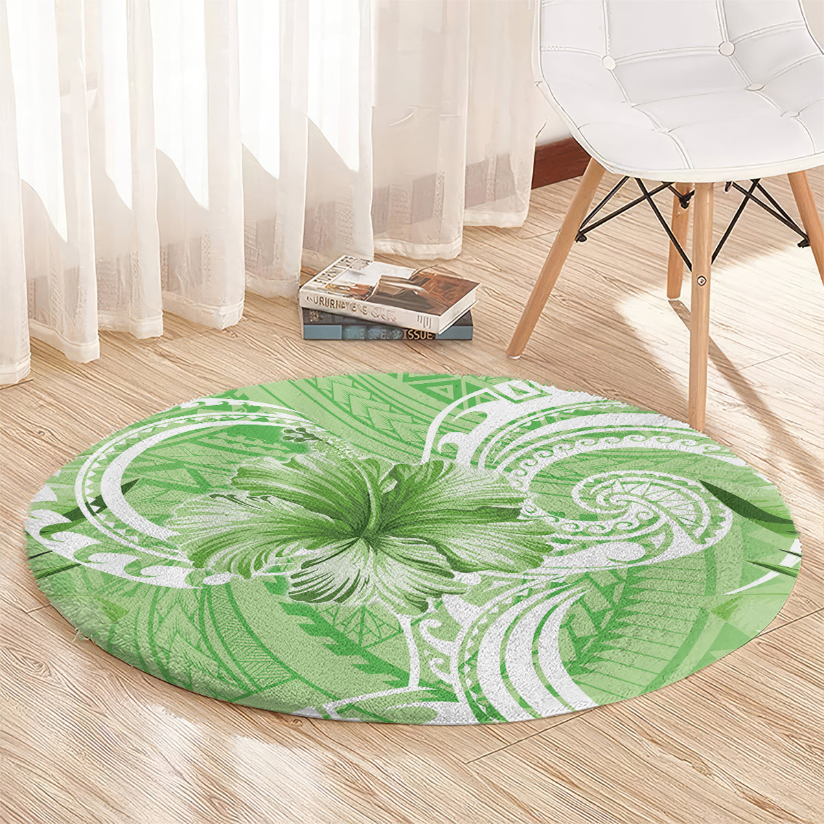 Polynesian Hibiscus Flower Tribal Round Carpet Lime Green Color