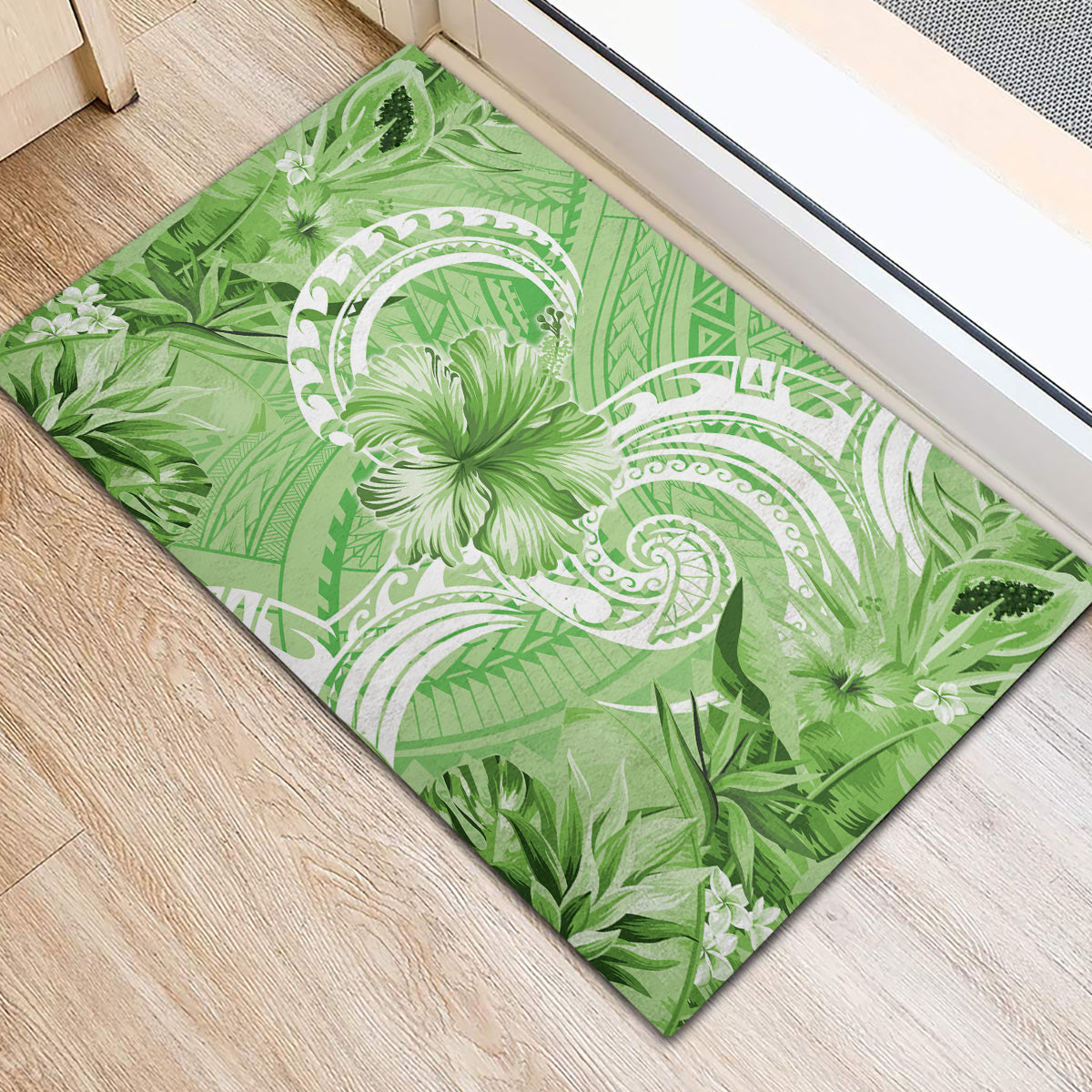 Polynesian Hibiscus Flower Tribal Rubber Doormat Lime Green Color LT9 - Polynesian Pride