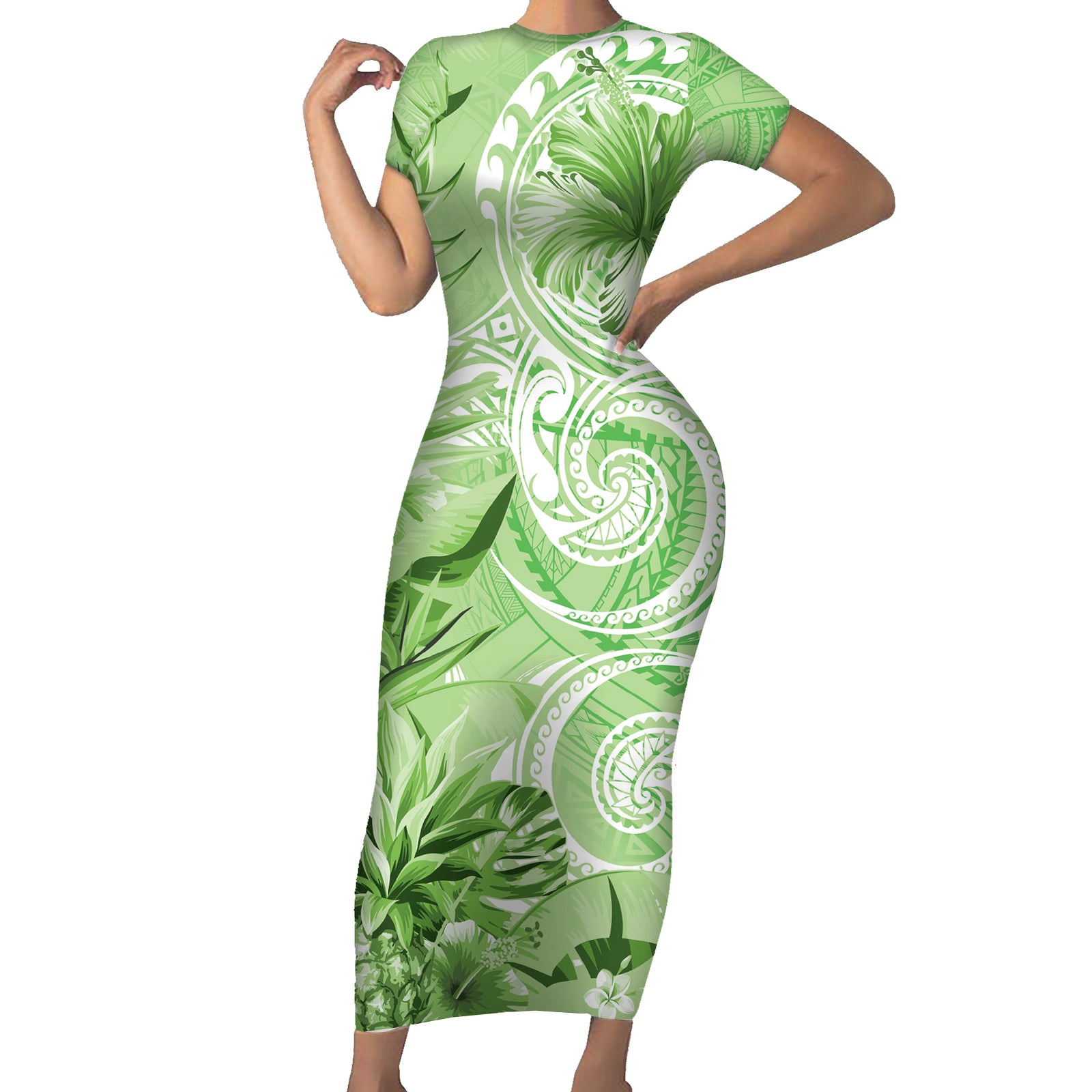 Polynesian Hibiscus Flower Tribal Short Sleeve Bodycon Dress Lime Green Color