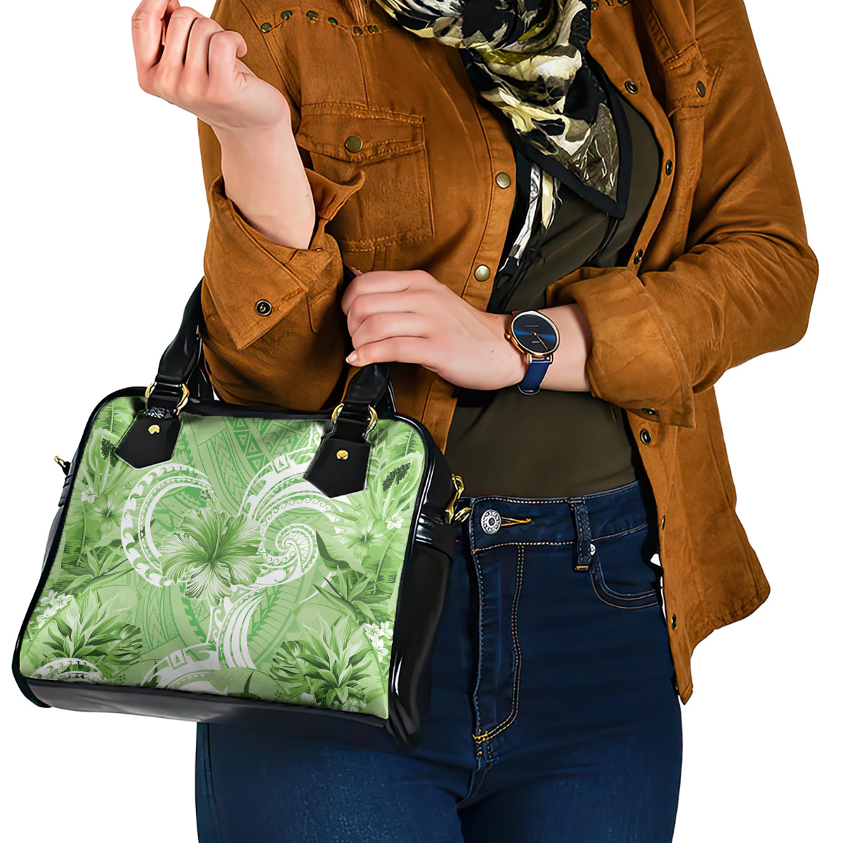 Polynesian Hibiscus Flower Tribal Shoulder Handbag Lime Green Color LT9 - Polynesian Pride