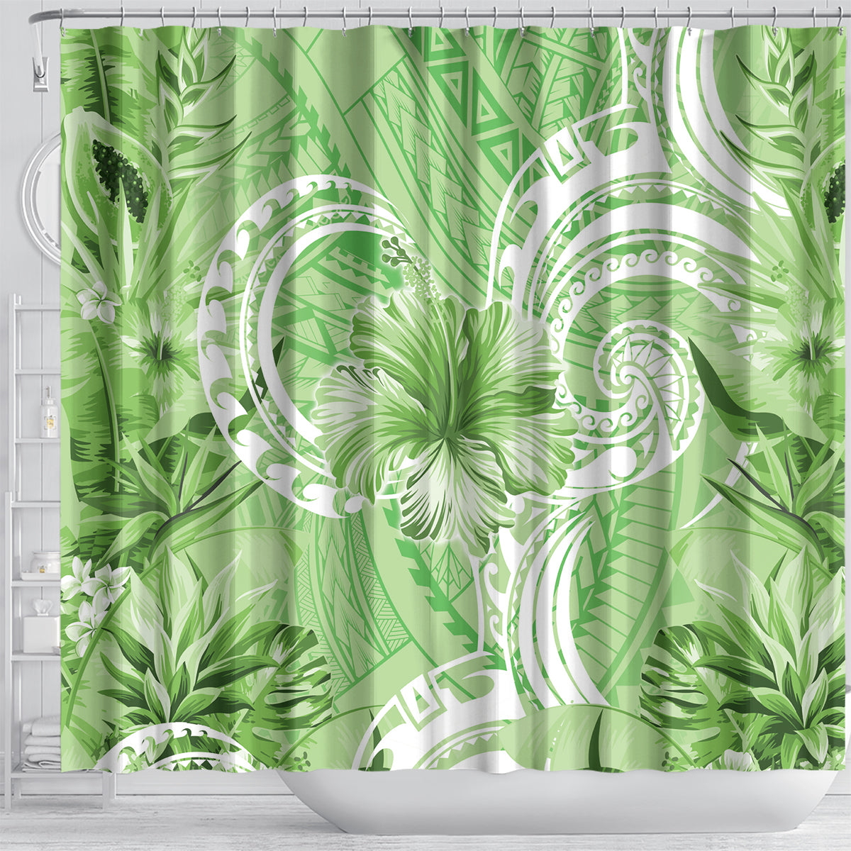 Polynesian Hibiscus Flower Tribal Shower Curtain Lime Green Color