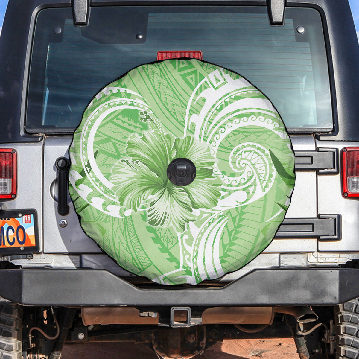 Polynesian Hibiscus Flower Tribal Spare Tire Cover Lime Green Color