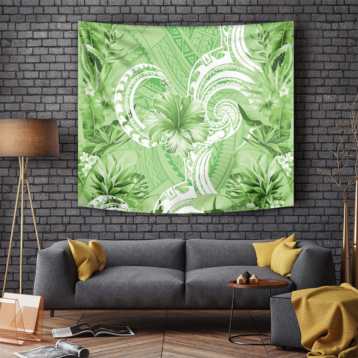 Polynesian Hibiscus Flower Tribal Tapestry Lime Green Color LT9 - Polynesian Pride