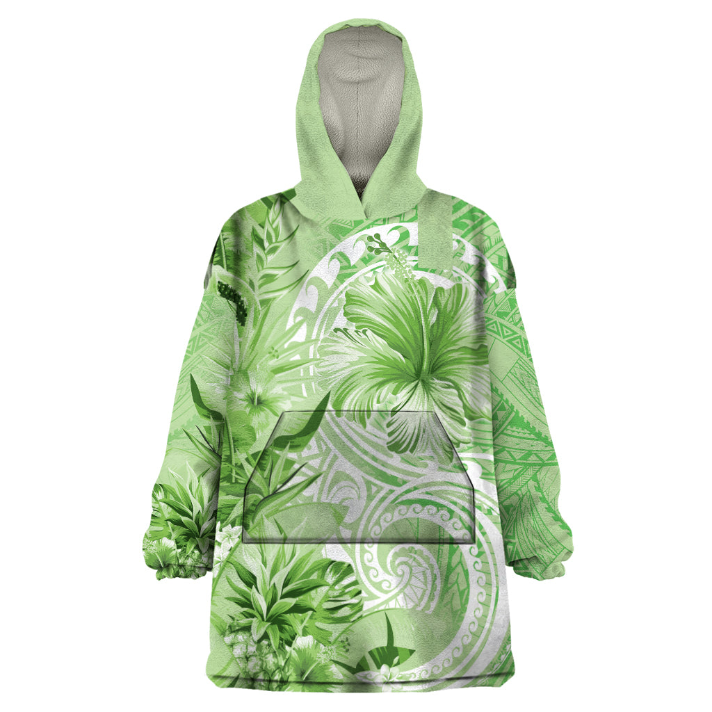 Polynesian Hibiscus Flower Tribal Wearable Blanket Hoodie Lime Green Color