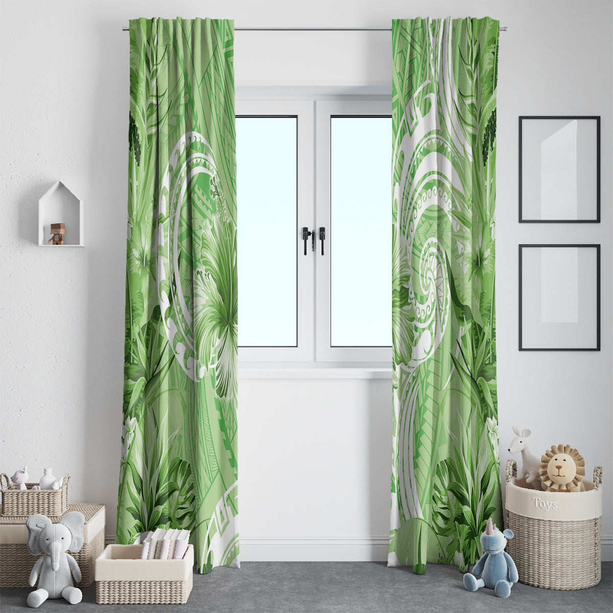 Polynesian Hibiscus Flower Tribal Window Curtain Lime Green Color LT9 - Polynesian Pride