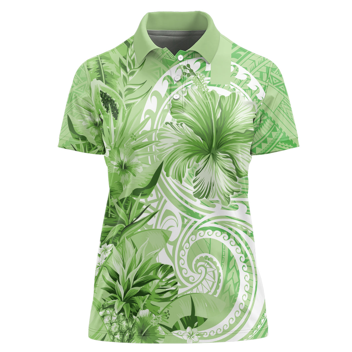 Polynesian Hibiscus Flower Tribal Women Polo Shirt Lime Green Color