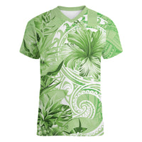 Polynesian Hibiscus Flower Tribal Women V Neck T Shirt Lime Green Color