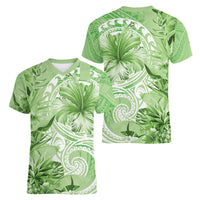 Polynesian Hibiscus Flower Tribal Women V Neck T Shirt Lime Green Color