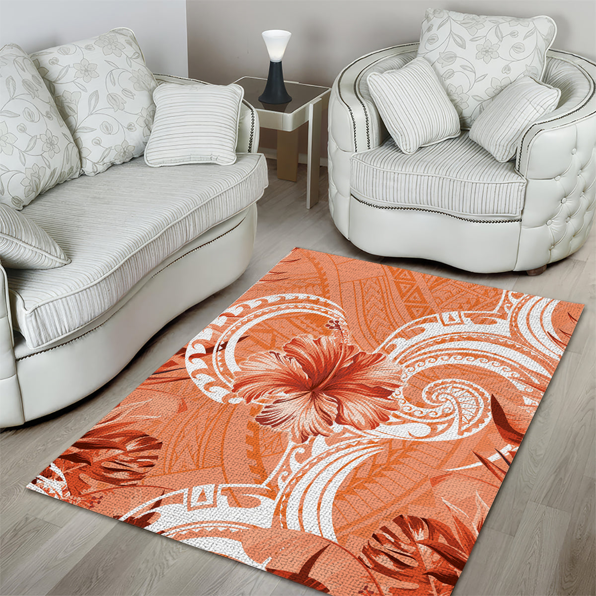 Polynesian Hibiscus Flower Tribal Area Rug Peach Color