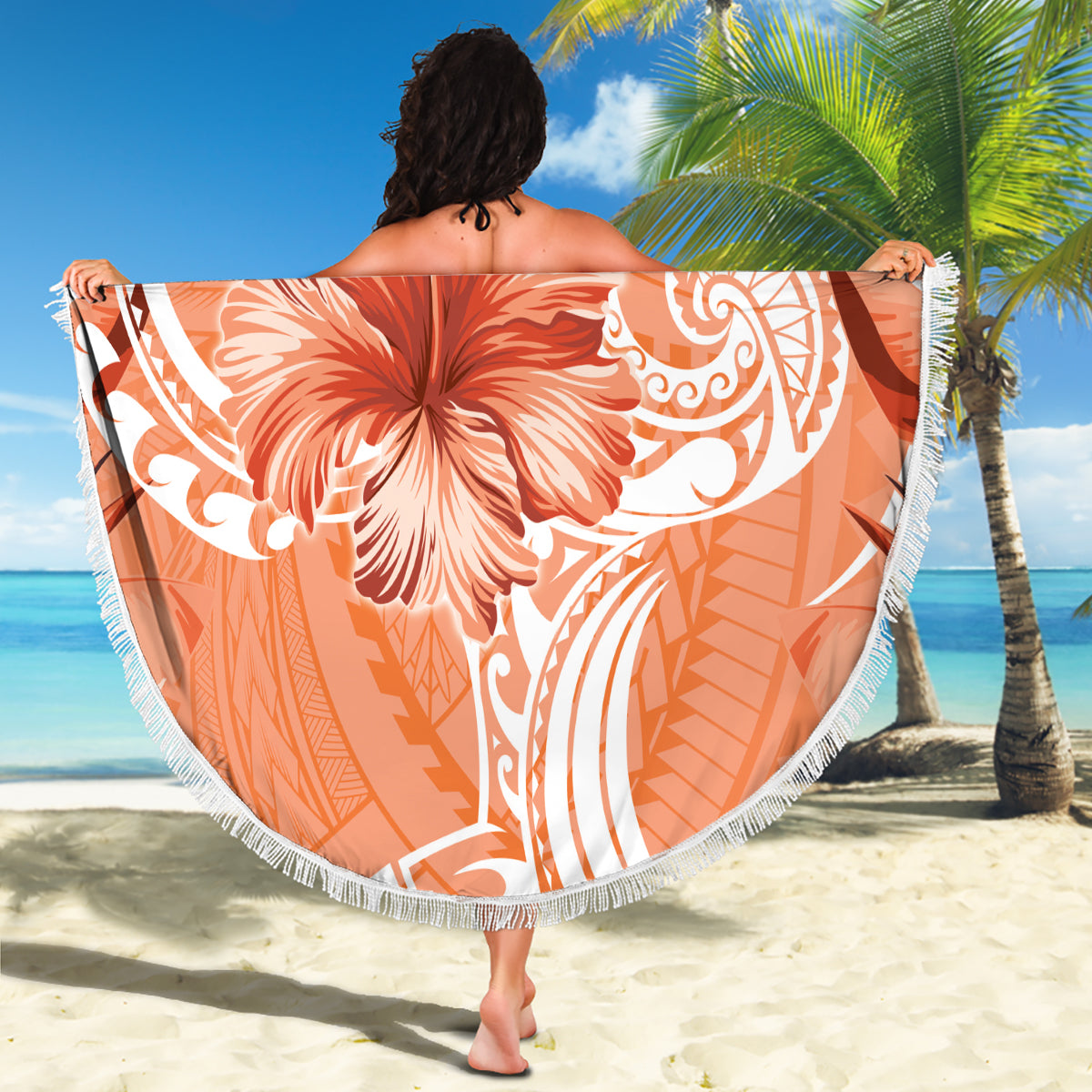Polynesian Hibiscus Flower Tribal Beach Blanket Peach Color LT9 - Polynesian Pride