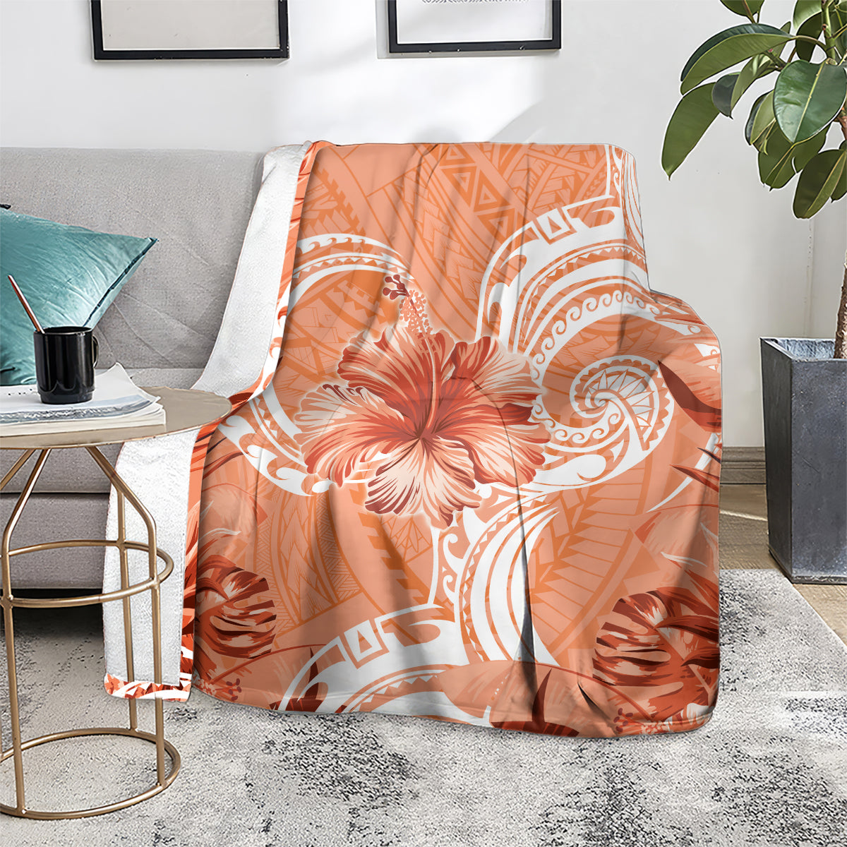 Polynesian Hibiscus Flower Tribal Blanket Peach Color LT9 - Polynesian Pride