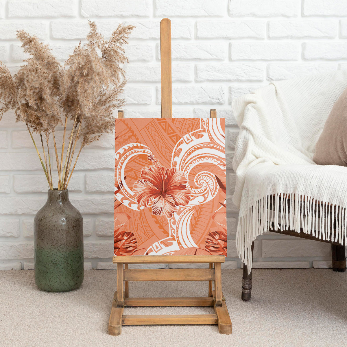Polynesian Hibiscus Flower Tribal Canvas Wall Art Peach Color LT9 - Polynesian Pride