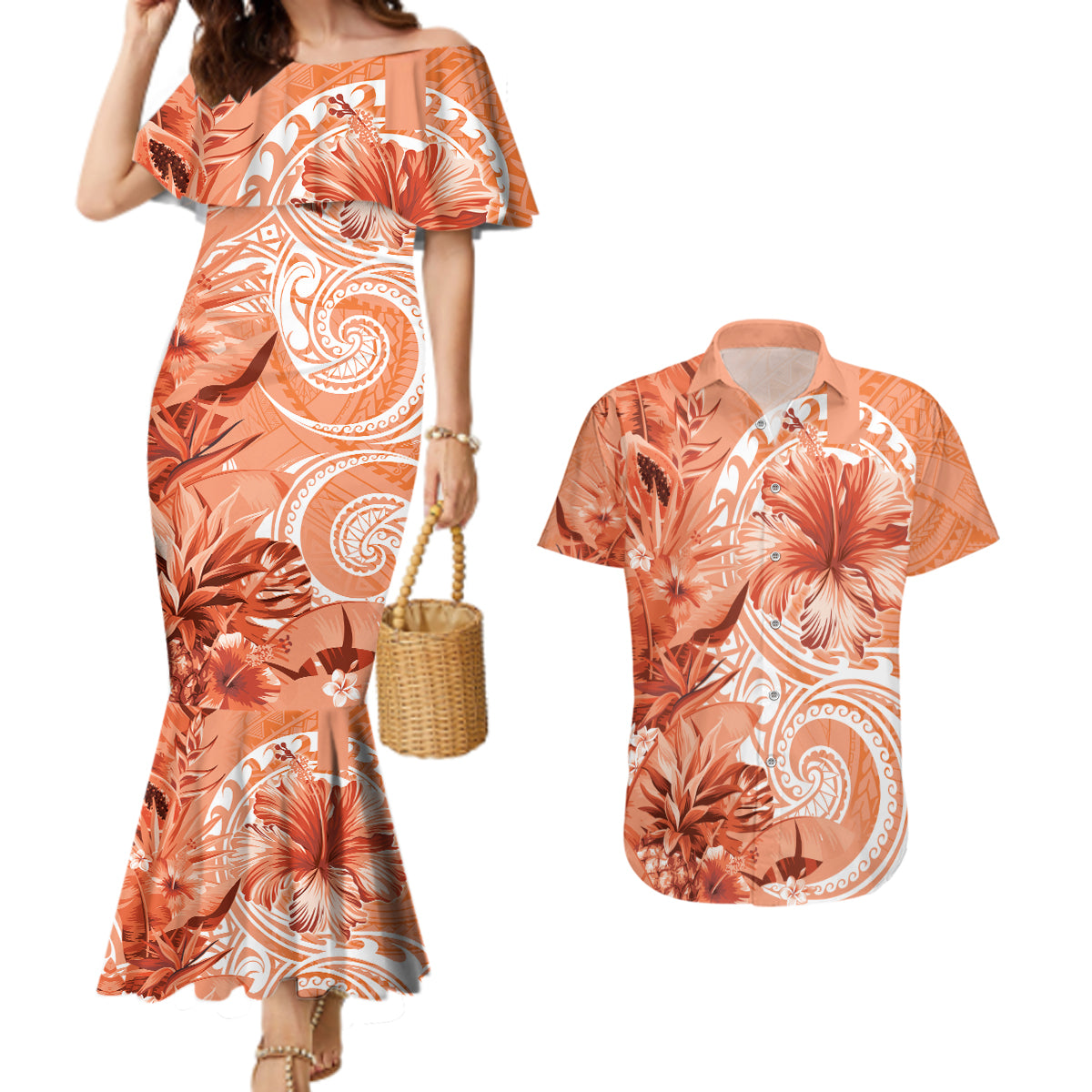 Polynesian Hibiscus Flower Tribal Couples Matching Mermaid Dress and Hawaiian Shirt Peach Color