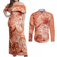 Polynesian Hibiscus Flower Tribal Couples Matching Off Shoulder Maxi Dress and Long Sleeve Button Shirt Peach Color
