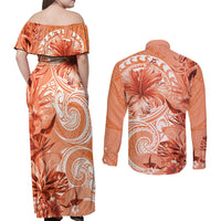 Polynesian Hibiscus Flower Tribal Couples Matching Off Shoulder Maxi Dress and Long Sleeve Button Shirt Peach Color
