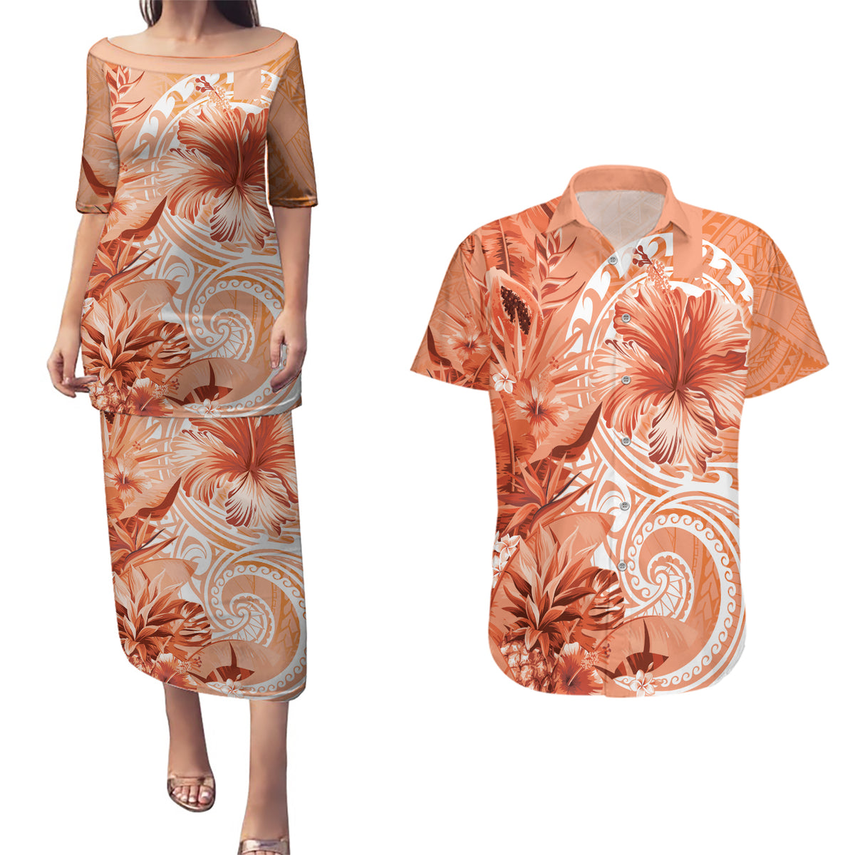 Polynesian Hibiscus Flower Tribal Couples Matching Puletasi and Hawaiian Shirt Peach Color
