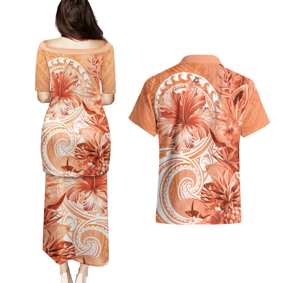 Polynesian Hibiscus Flower Tribal Couples Matching Puletasi and Hawaiian Shirt Peach Color