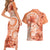 Polynesian Hibiscus Flower Tribal Couples Matching Short Sleeve Bodycon Dress and Hawaiian Shirt Peach Color