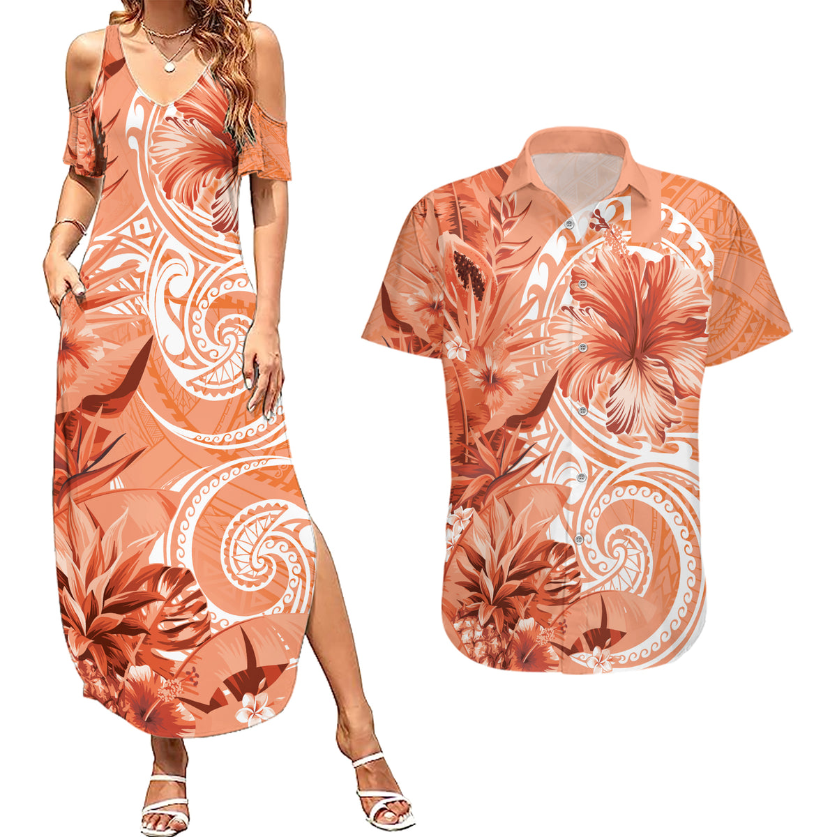 Polynesian Hibiscus Flower Tribal Couples Matching Summer Maxi Dress and Hawaiian Shirt Peach Color