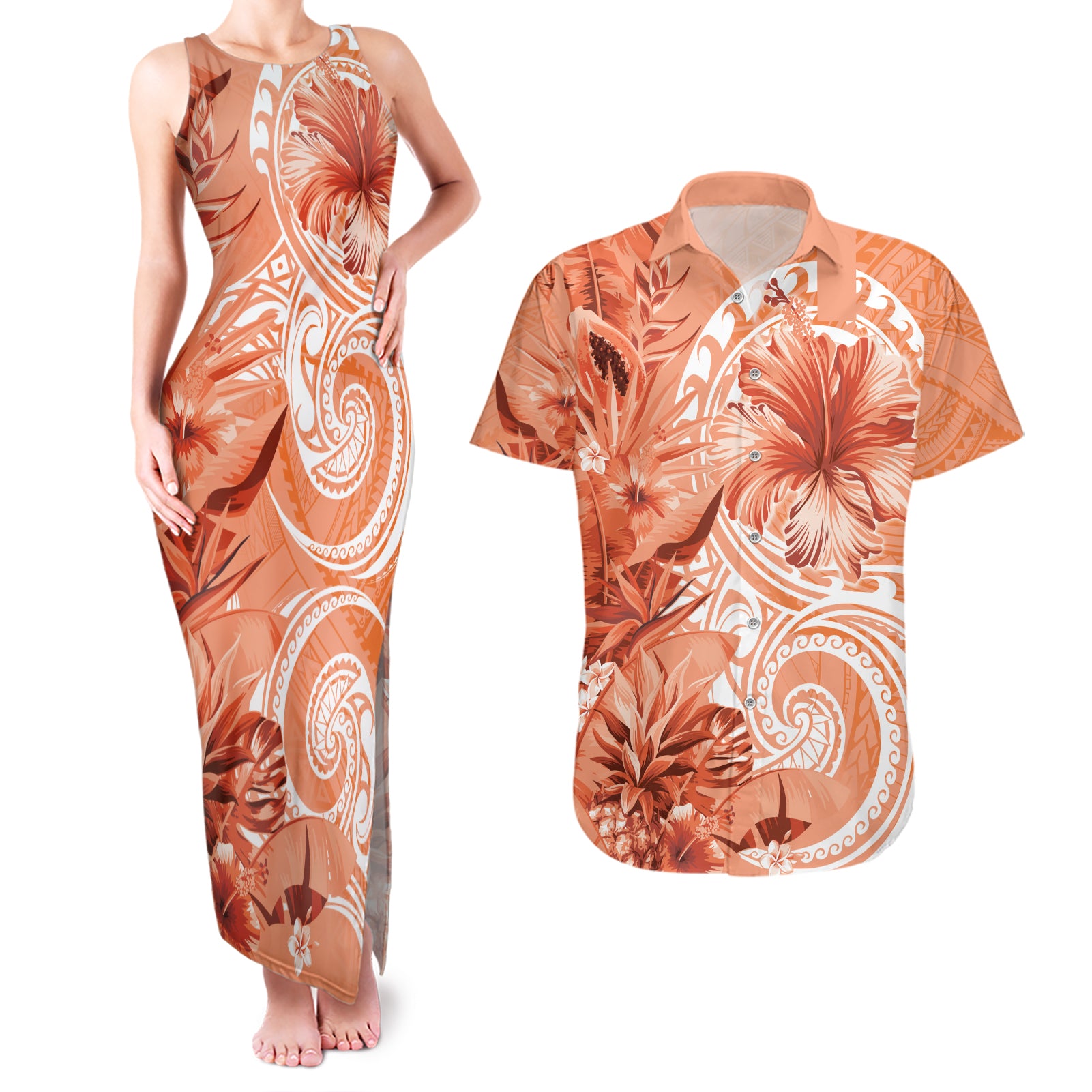 Polynesian Hibiscus Flower Tribal Couples Matching Tank Maxi Dress and Hawaiian Shirt Peach Color