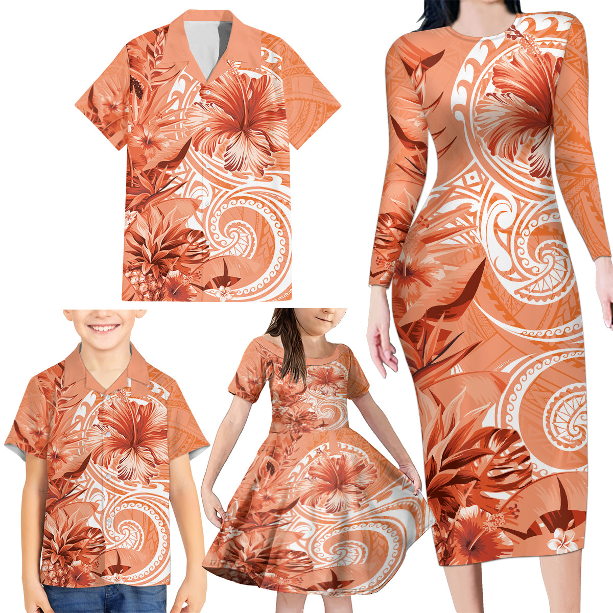 Polynesian Hibiscus Flower Tribal Family Matching Long Sleeve Bodycon Dress and Hawaiian Shirt Peach Color