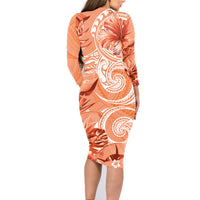 Polynesian Hibiscus Flower Tribal Family Matching Long Sleeve Bodycon Dress and Hawaiian Shirt Peach Color