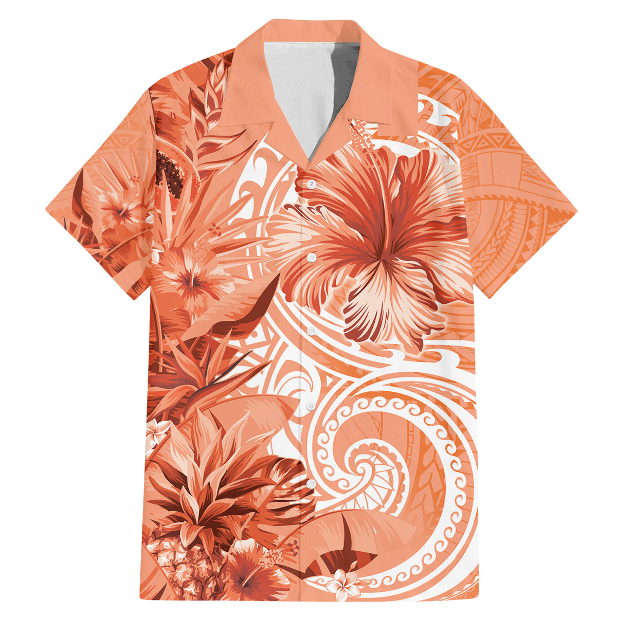 Polynesian Hibiscus Flower Tribal Family Matching Mermaid Dress and Hawaiian Shirt Peach Color