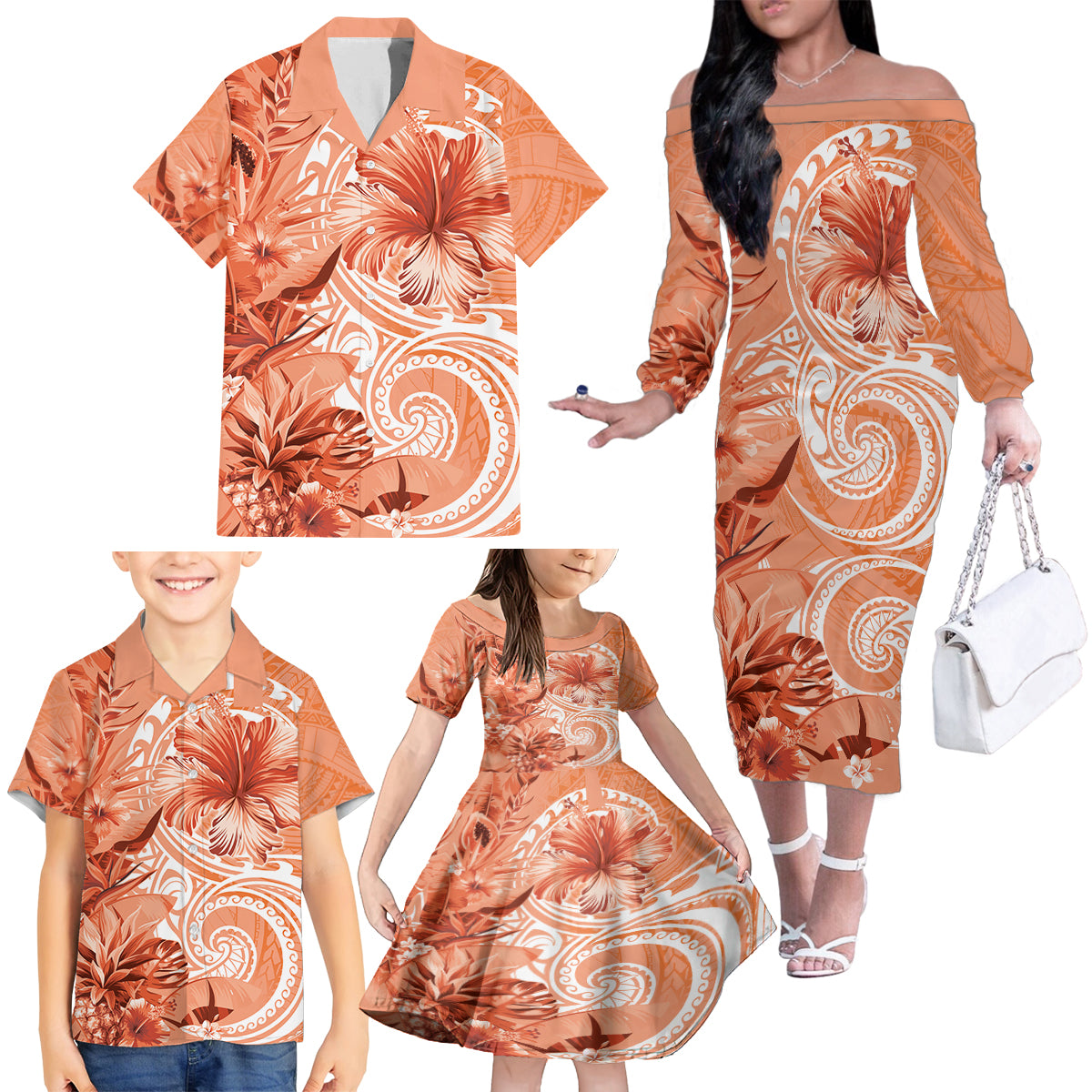 Polynesian Hibiscus Flower Tribal Family Matching Off The Shoulder Long Sleeve Dress and Hawaiian Shirt Peach Color