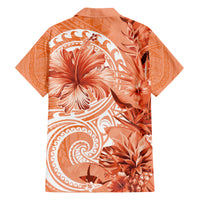 Polynesian Hibiscus Flower Tribal Family Matching Off The Shoulder Long Sleeve Dress and Hawaiian Shirt Peach Color