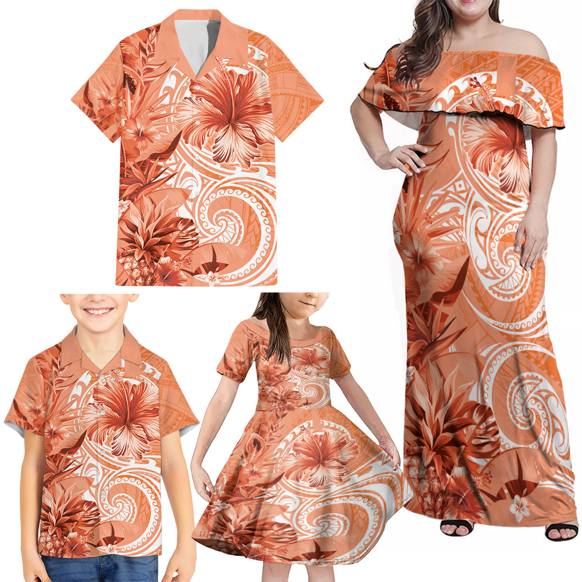 Polynesian Hibiscus Flower Tribal Family Matching Off Shoulder Maxi Dress and Hawaiian Shirt Peach Color