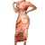 Polynesian Hibiscus Flower Tribal Family Matching Short Sleeve Bodycon Dress and Hawaiian Shirt Peach Color