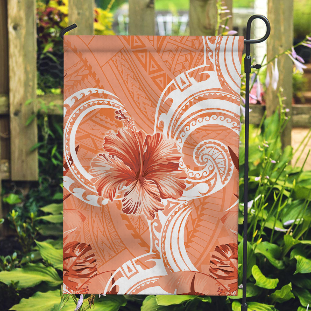 Polynesian Hibiscus Flower Tribal Garden Flag Peach Color