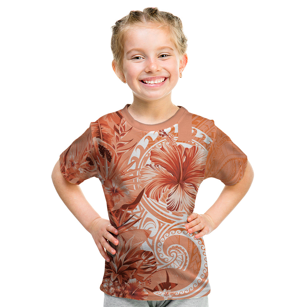 Polynesian Hibiscus Flower Tribal Kid T Shirt Peach Color