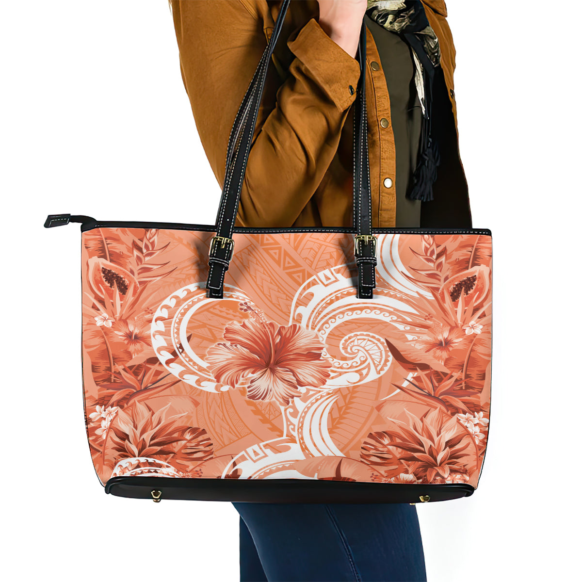 Polynesian Hibiscus Flower Tribal Leather Tote Bag Peach Color LT9 - Polynesian Pride