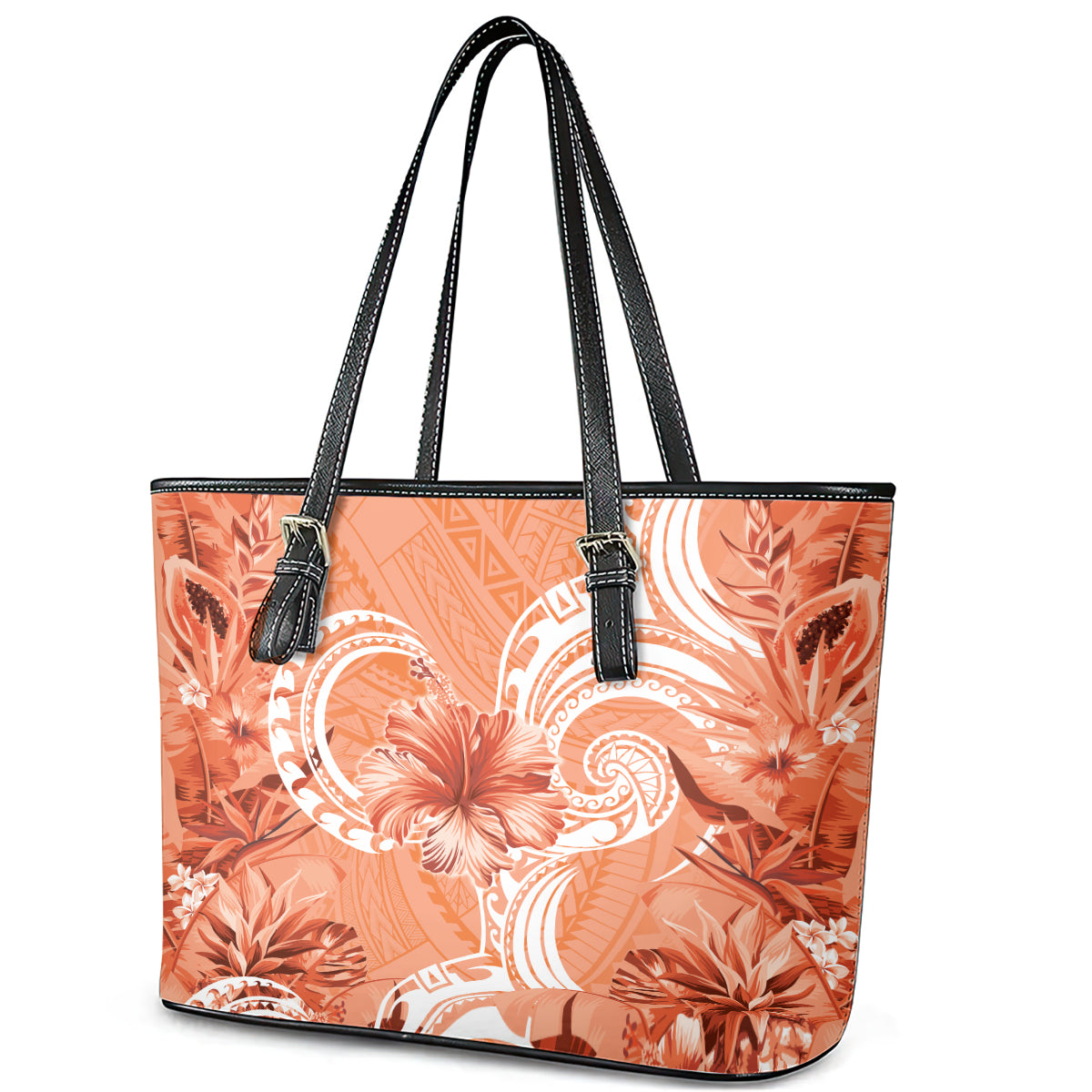 Polynesian Hibiscus Flower Tribal Leather Tote Bag Peach Color LT9 - Polynesian Pride