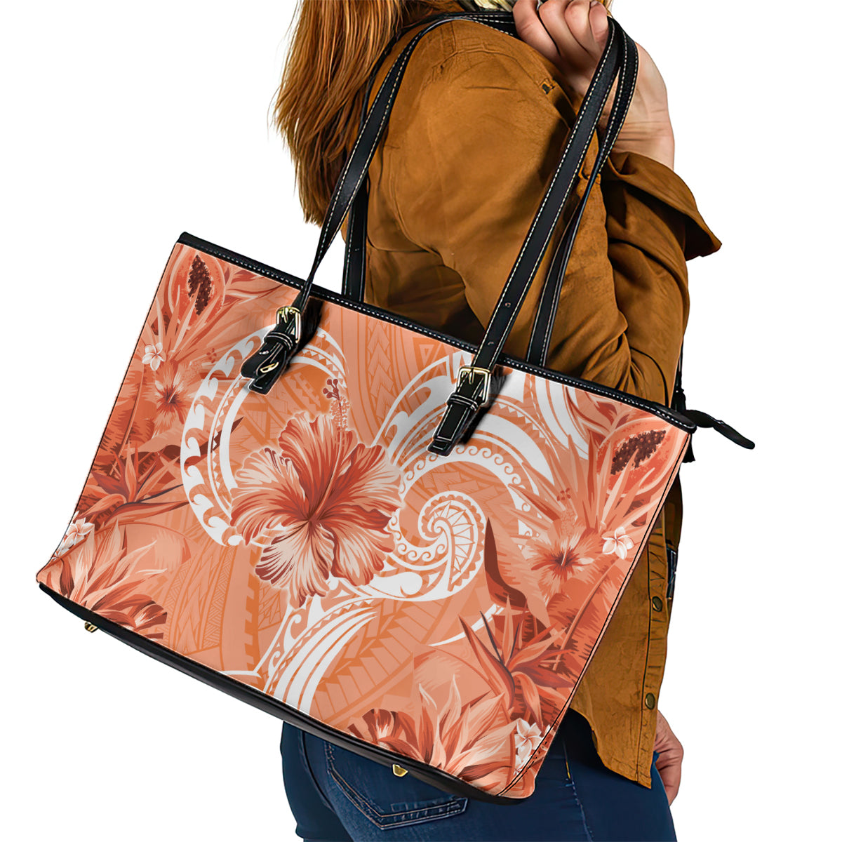 Polynesian Hibiscus Flower Tribal Leather Tote Bag Peach Color LT9 - Polynesian Pride