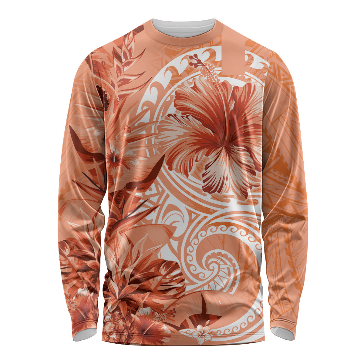 Polynesian Hibiscus Flower Tribal Long Sleeve Shirt Peach Color