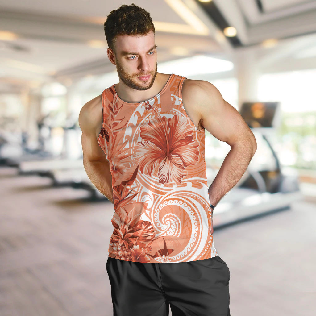 Polynesian Hibiscus Flower Tribal Men Tank Top Peach Color