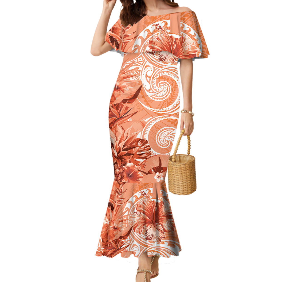 Polynesian Hibiscus Flower Tribal Mermaid Dress Peach Color