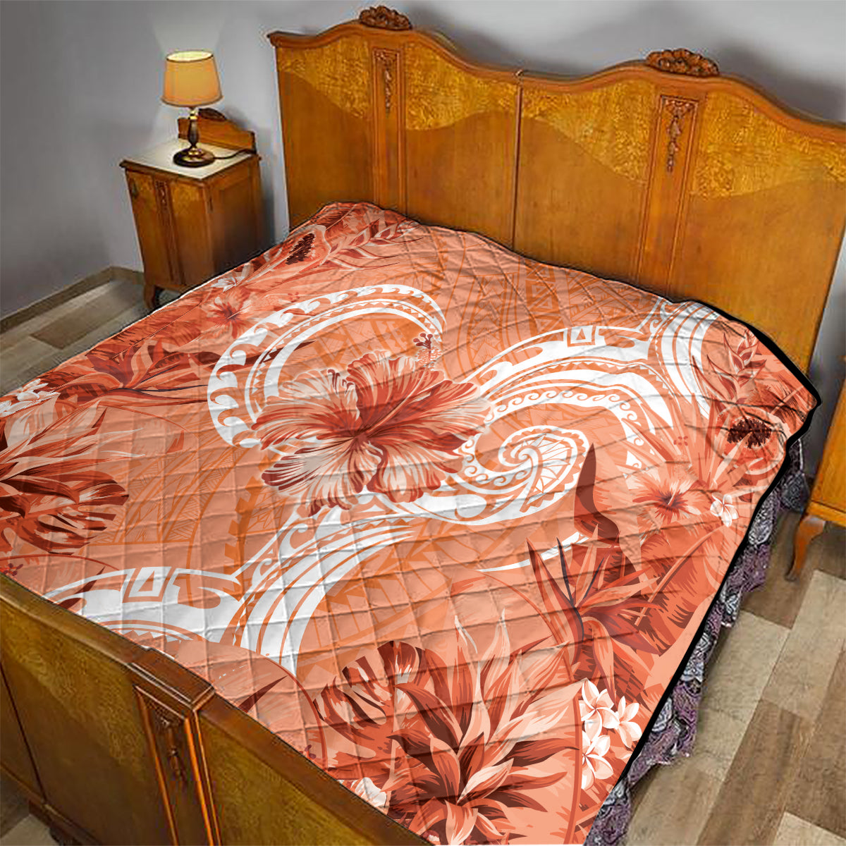 Polynesian Hibiscus Flower Tribal Quilt Peach Color