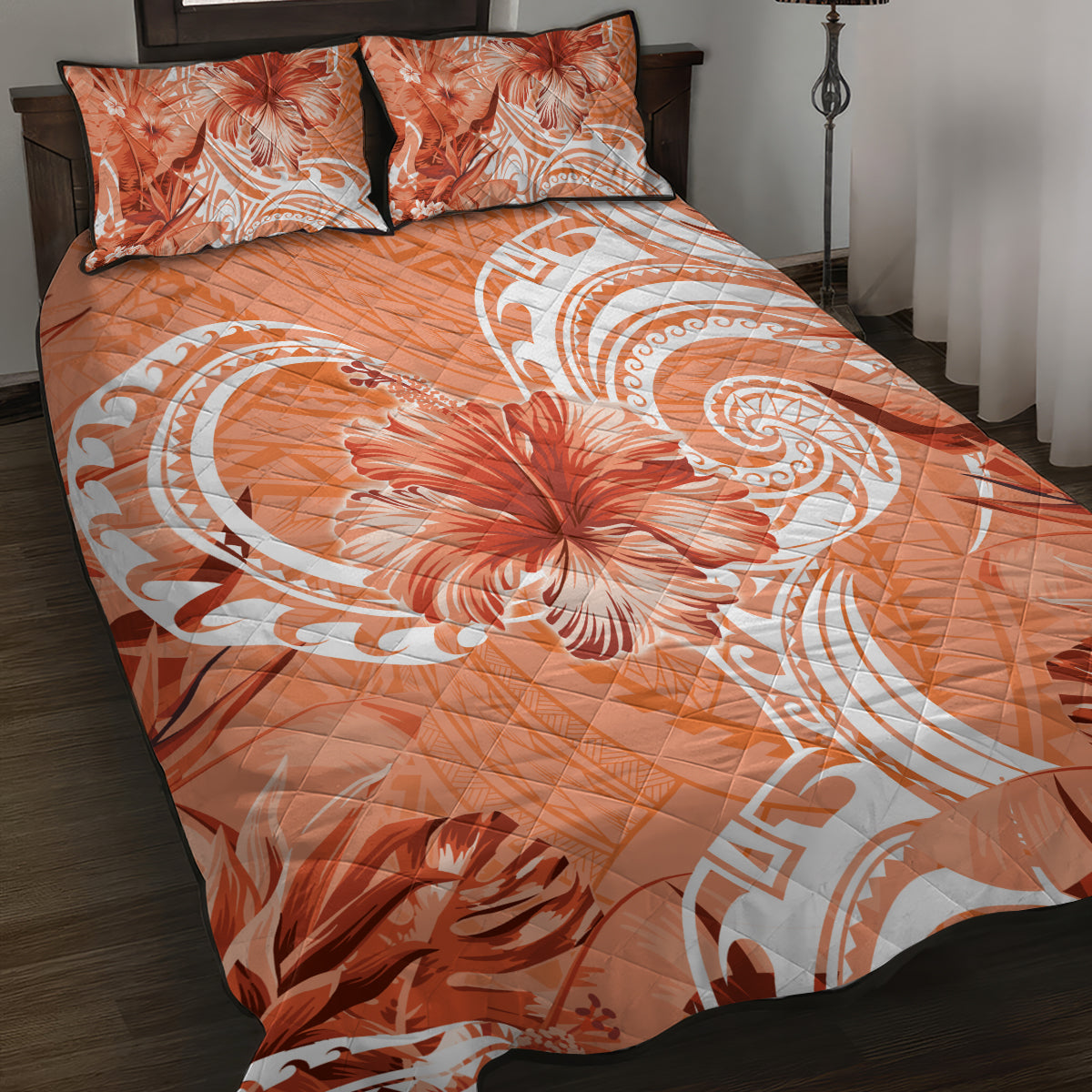 Polynesian Hibiscus Flower Tribal Quilt Bed Set Peach Color LT9 Peach - Polynesian Pride