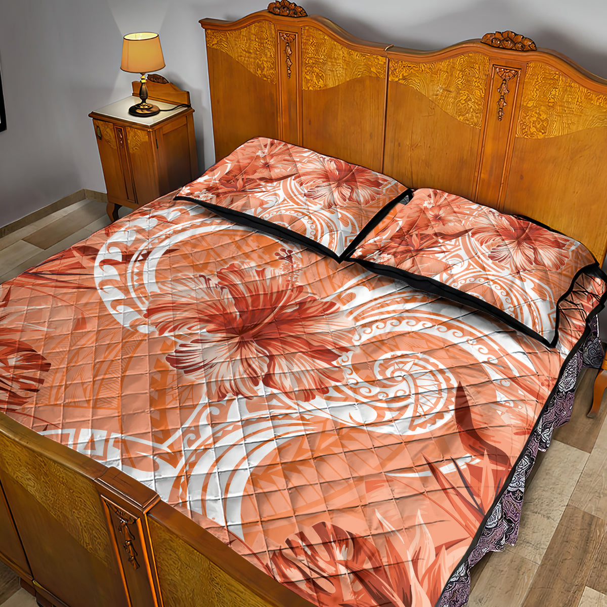 Polynesian Hibiscus Flower Tribal Quilt Bed Set Peach Color LT9 - Polynesian Pride