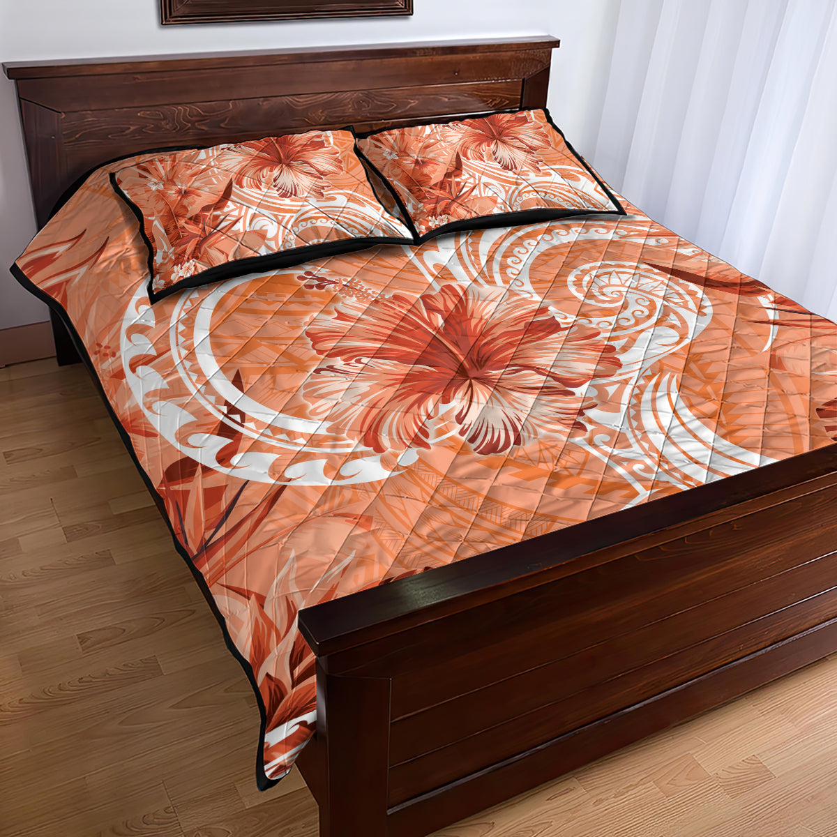 Polynesian Hibiscus Flower Tribal Quilt Bed Set Peach Color LT9 - Polynesian Pride