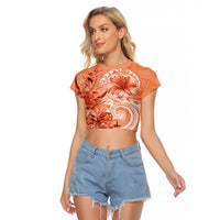 Polynesian Hibiscus Flower Tribal Raglan Cropped T Shirt Peach Color