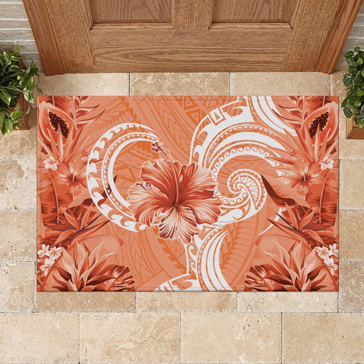 Polynesian Hibiscus Flower Tribal Rubber Doormat Peach Color LT9 - Polynesian Pride