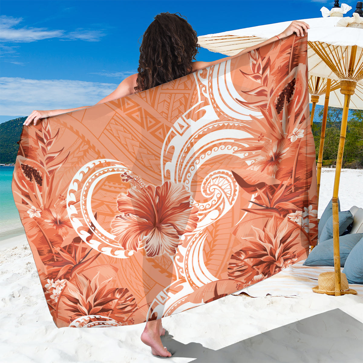 Polynesian Hibiscus Flower Tribal Sarong Peach Color