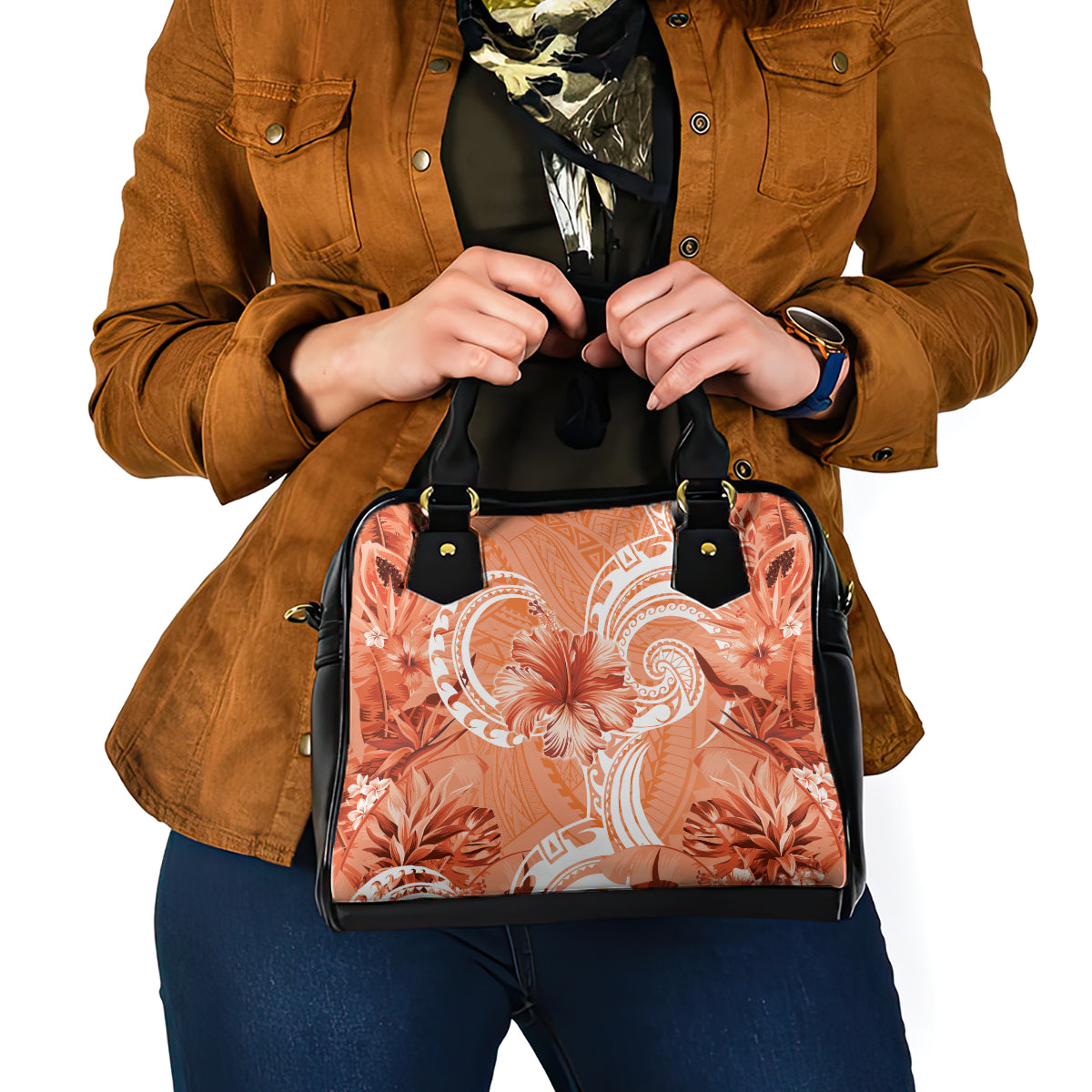 Polynesian Hibiscus Flower Tribal Shoulder Handbag Peach Color LT9 - Polynesian Pride