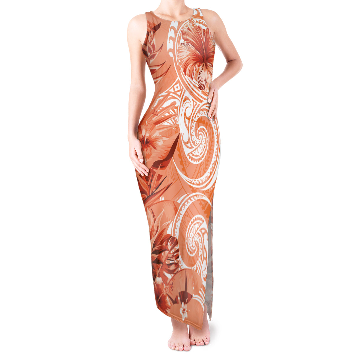 Polynesian Hibiscus Flower Tribal Tank Maxi Dress Peach Color